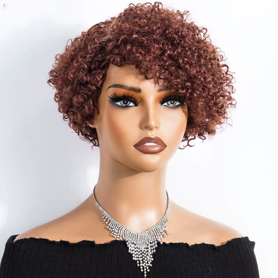 Perruques de cheveux humains bouclés péruviens avec frange courte coupe lutin Bob perruque brun rougeâtre sans colle