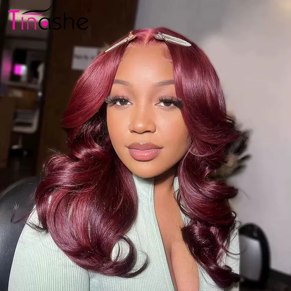 Tinashe 99J bordeaux couches vague lâche perruque sans colle 6 × 5 HD dentelle fermeture