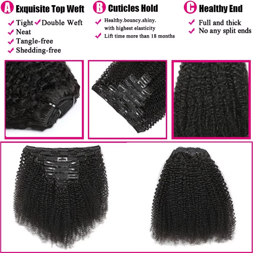 Extensions de cheveux humains bouclés afro crépus à clipser