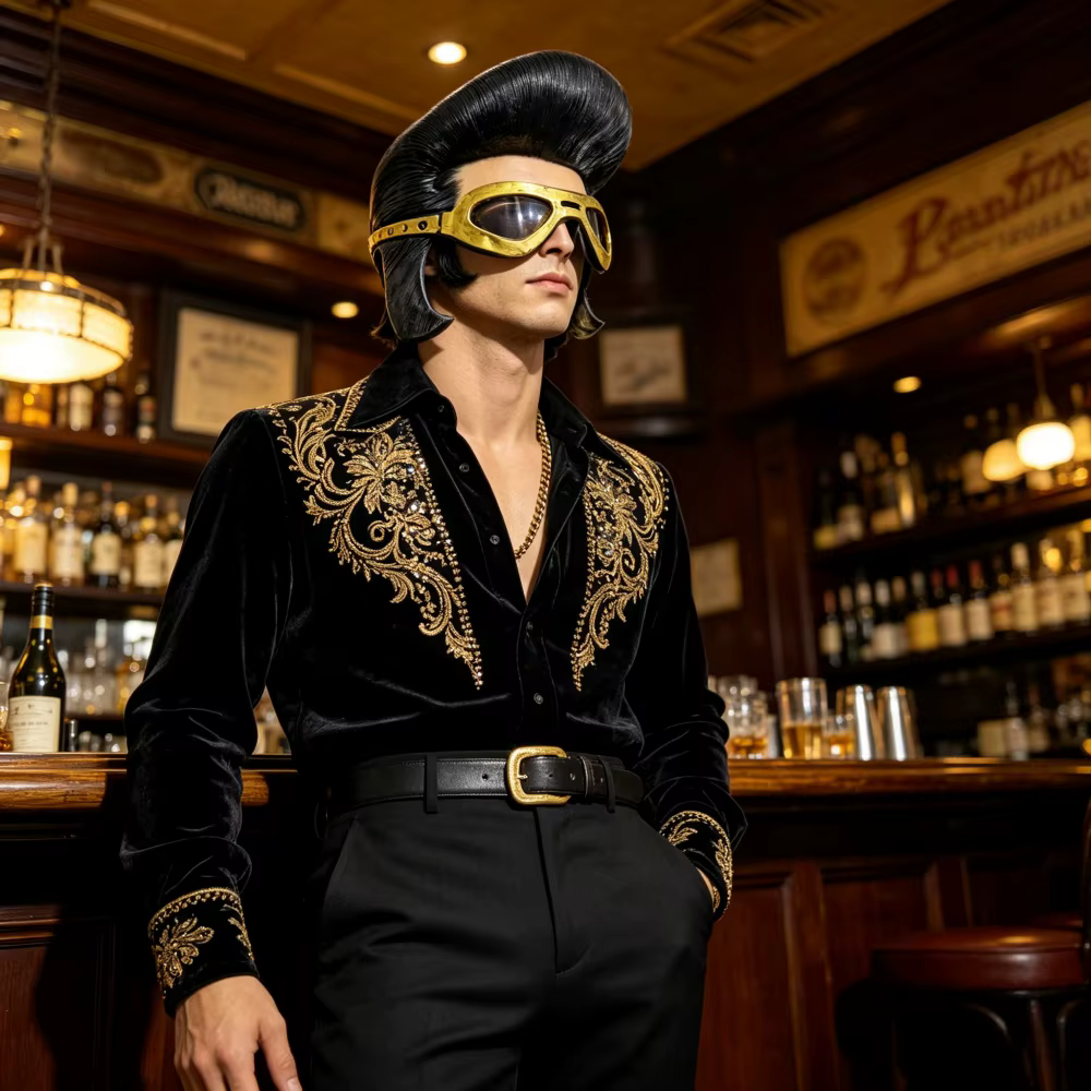 Masque de style rock vintage avec lunettes dorées et coiffure pompadour noire pour costume de fête pour homme