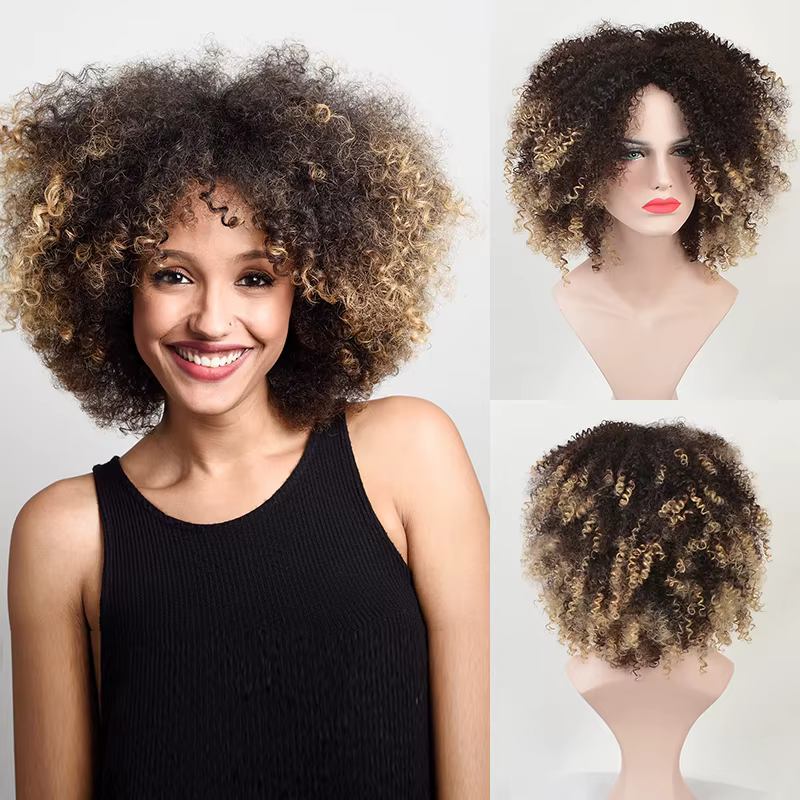 Msiperruque marron synthétique Kinkly bouclés perruques pour femmes Ombre Blonde rose rouge court Afro perruque afro-américaine noir moyen partie cheveux