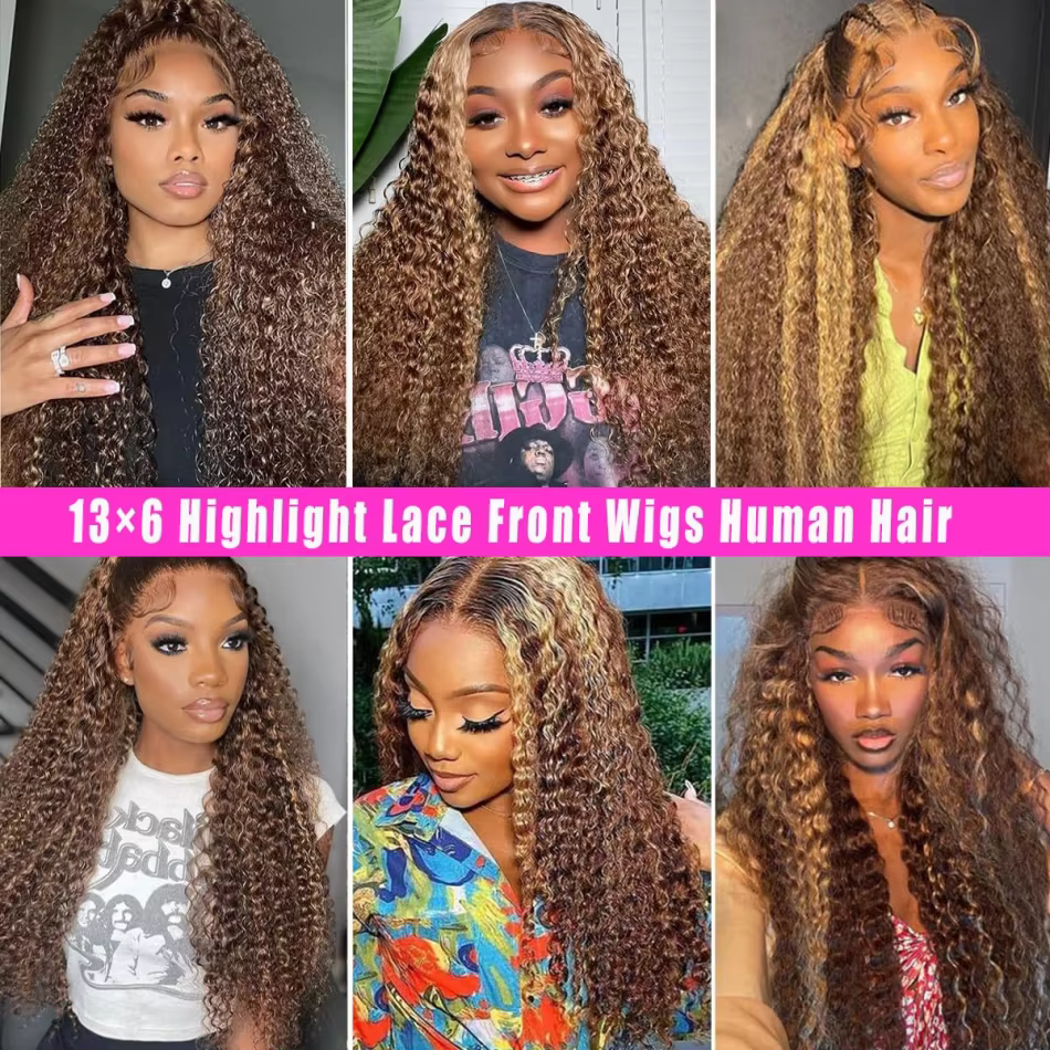 Perruque Lace Frontale 30 Pouces Cheveux Humains Bouclés Ombrés avec Mèches