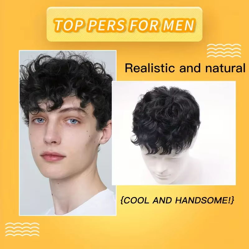 Perruque de cheveux humains Leslie bouclée/moelleux pour hommes
