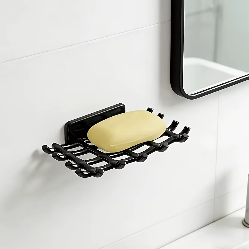 1 porte-savon mural pour douche avec drainage, noir, blanc, support carré. Aucun perçage requis, crochet pour savon et accessoires.