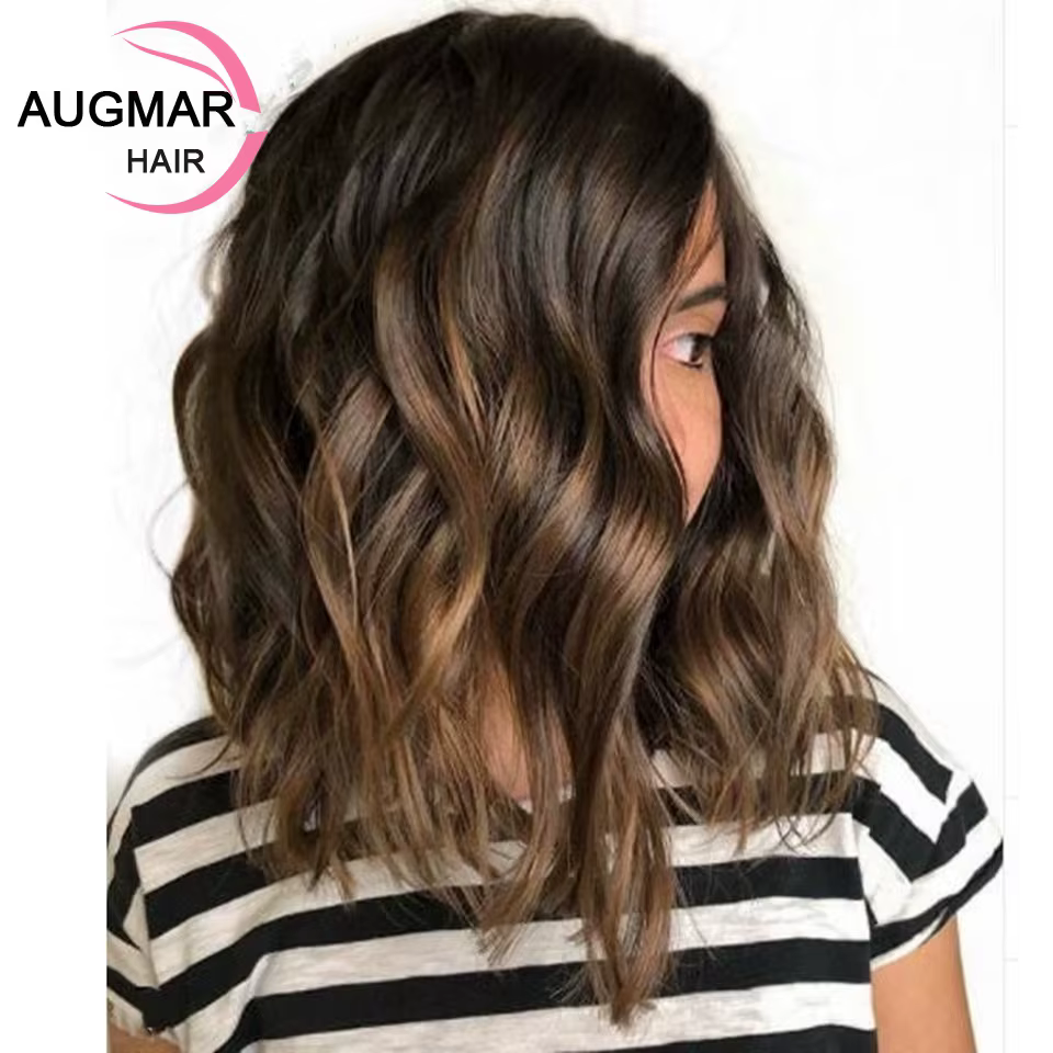 Perruque Brésilienne Naturelle Cheveux Courts Ondulés à Reflets Blonds