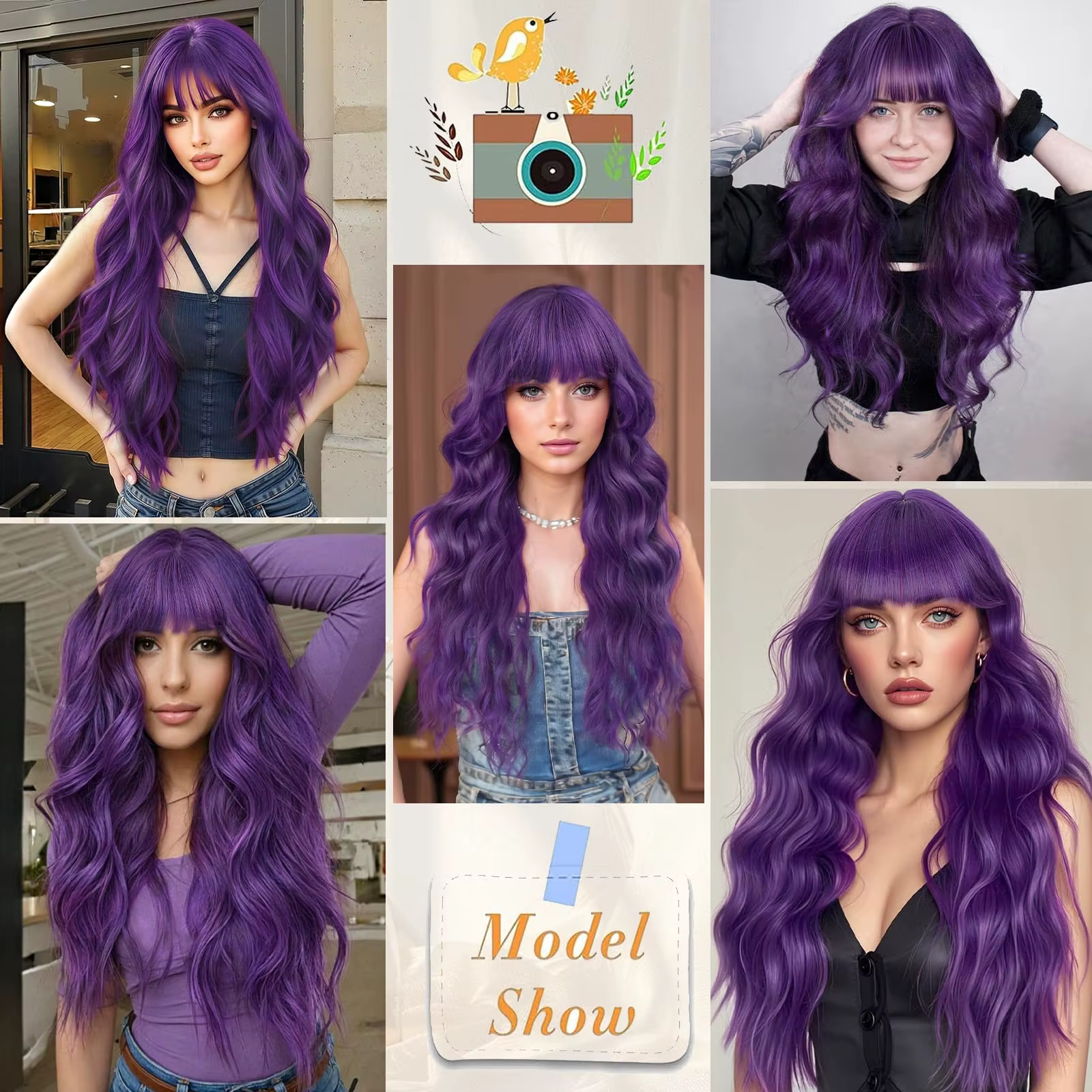 Perruque synthétique violette de 26 pouces avec de grandes vagues pour Halloween