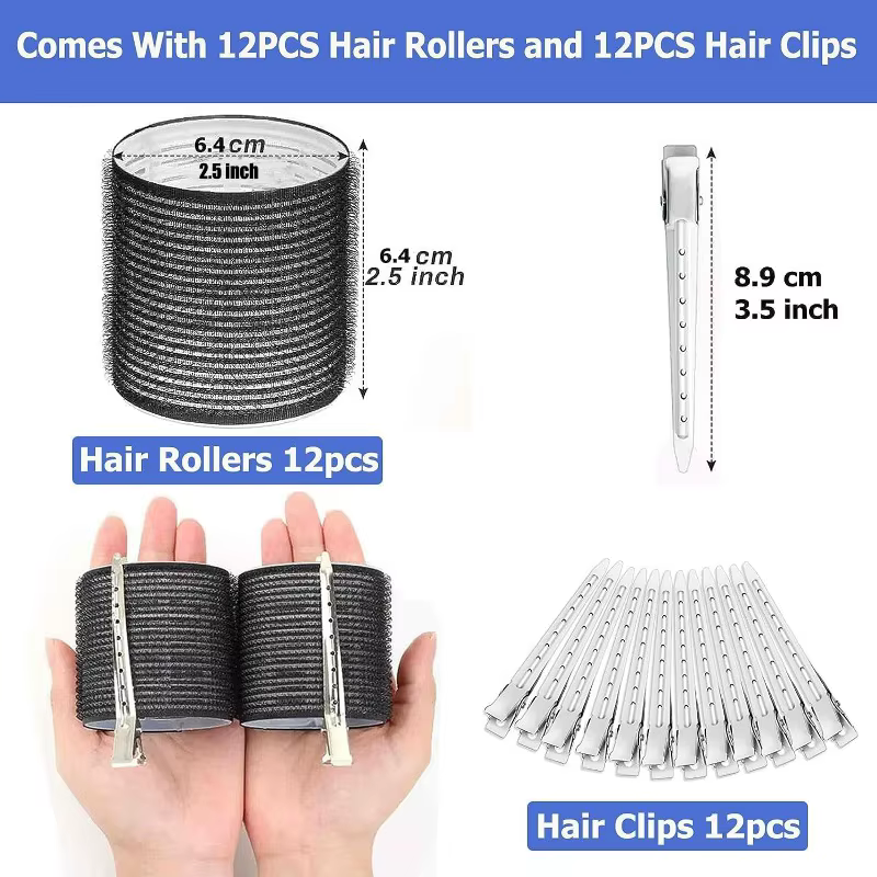Ensemble de bigoudis 12 rouleaux jumbo auto-agrippants de 64 mm et 12 pinces à bec de canard - Outils de coiffure idéaux pour salon et bricolage pour toutes les longueurs de cheveux