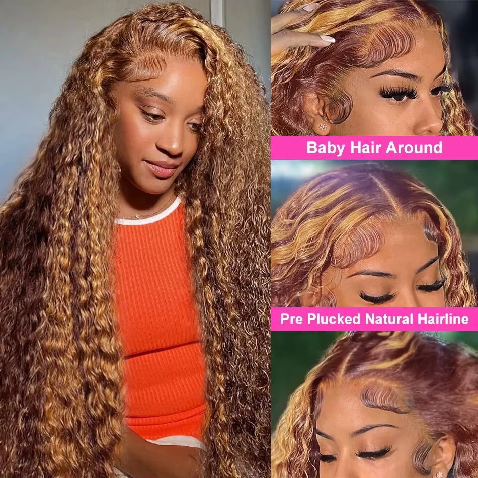 30 36 pouces bouclés mettre en évidence perruque cheveux humains miel blond 13x4 dentelle avant vague profonde 13x6 Hd