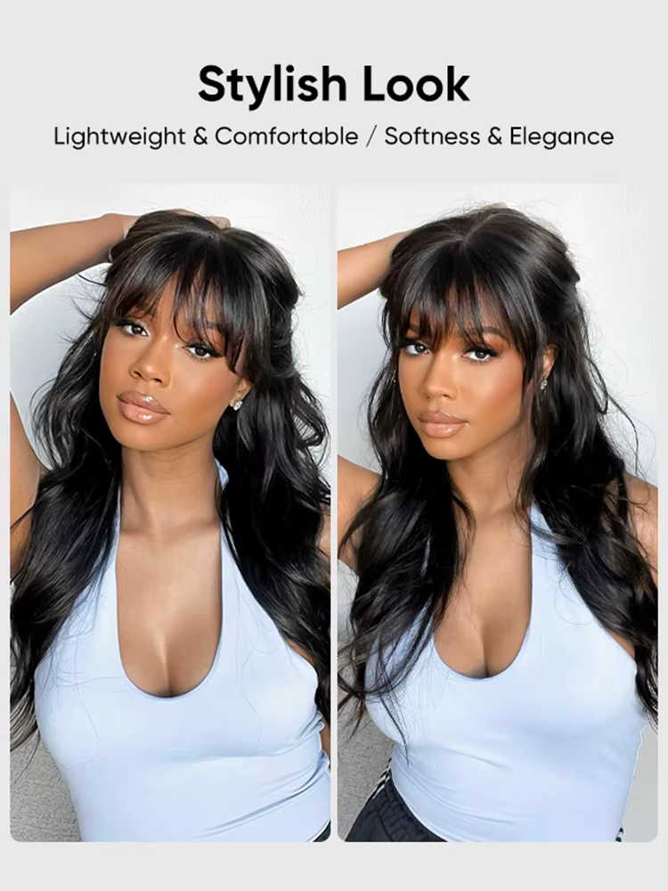 Alipearl cheveux longs ondulés naturels frange aérée sans colle 5x5 dentelle fermeture perruques