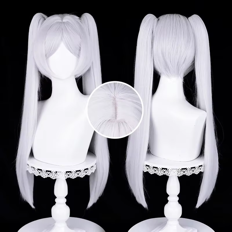 Anime Frieren Cosplay perruque argent blanc deux queues de cheval résistant à la chaleur perruques de cheveux synthétiques