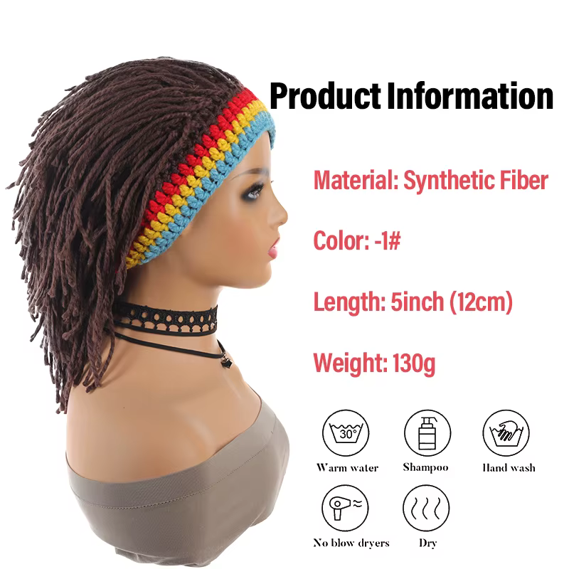 Chapeau perruque dreadlocks en crochet amusant avec bandeau arc-en-ciel