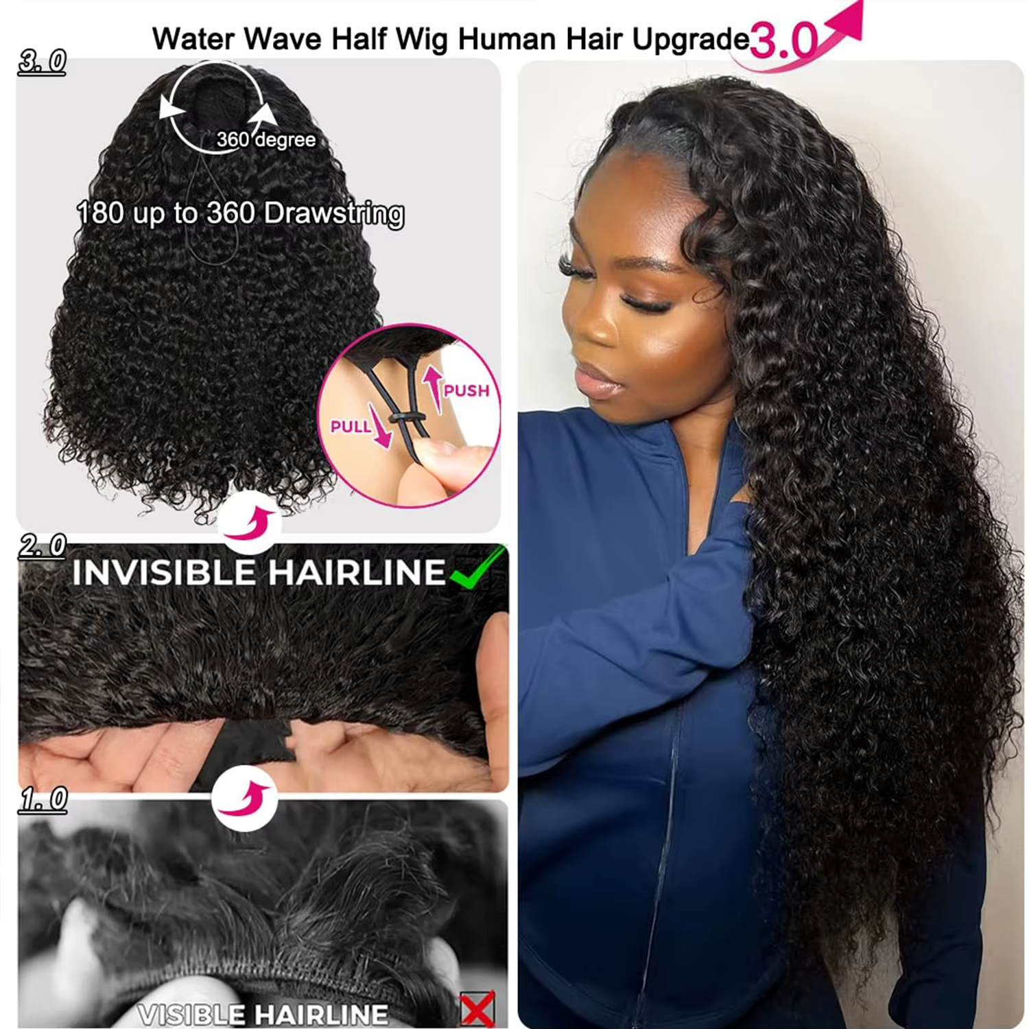 Demi-perruque cheveux humains crépus bouclés 3 en 1