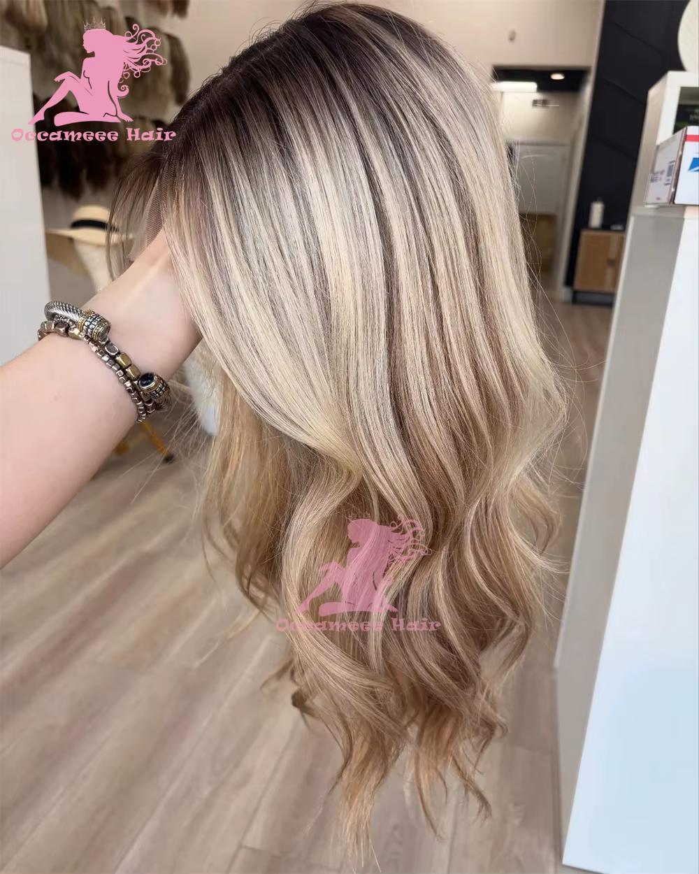 Perruque Lace Frontale en Cheveux Humains Body Wave Ombré Blond Cendré avec Mèches