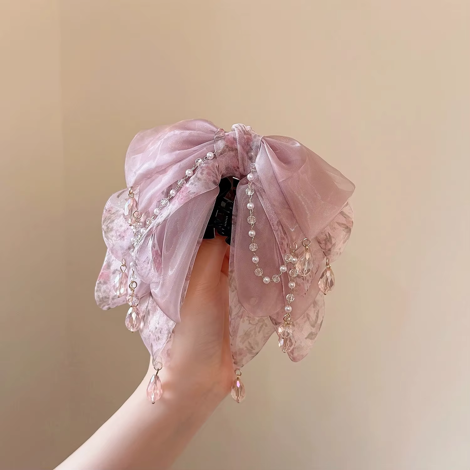 Pince à cheveux avec pompon en cristal bordeaux – Design floral aquarelle avec grand nœud