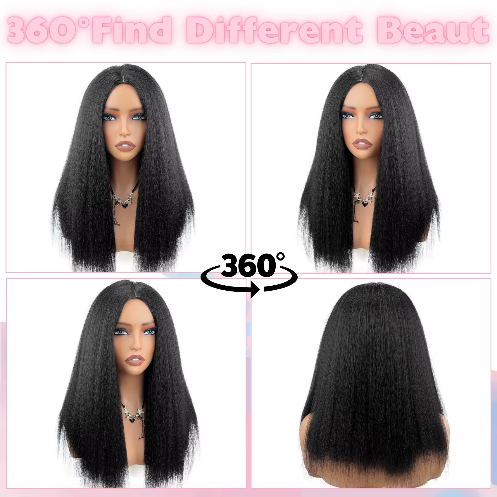 Perruque Yaki noire lisse mi-longue de Style africain pour femmes