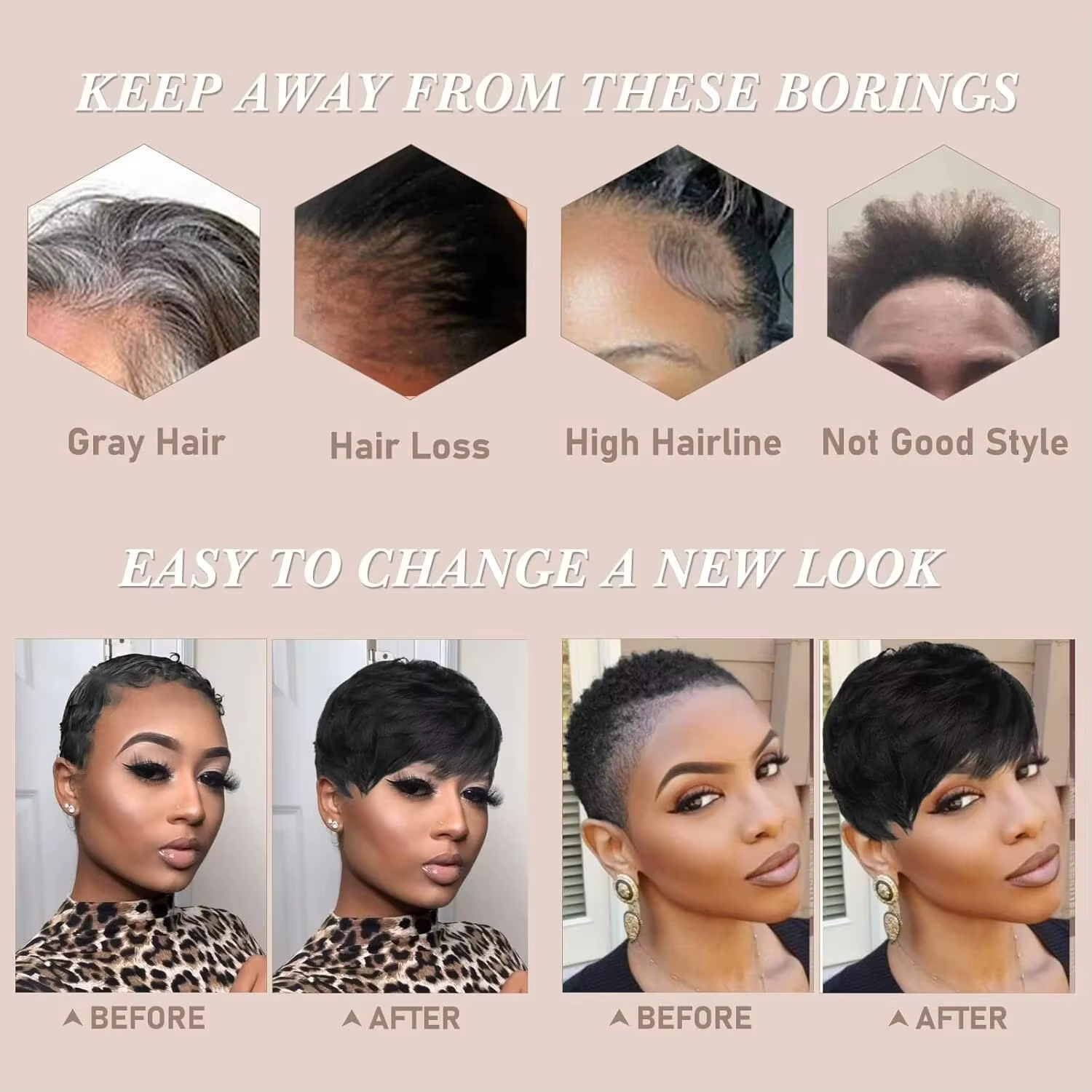 Perruque coupe pixie, perruque synthétique