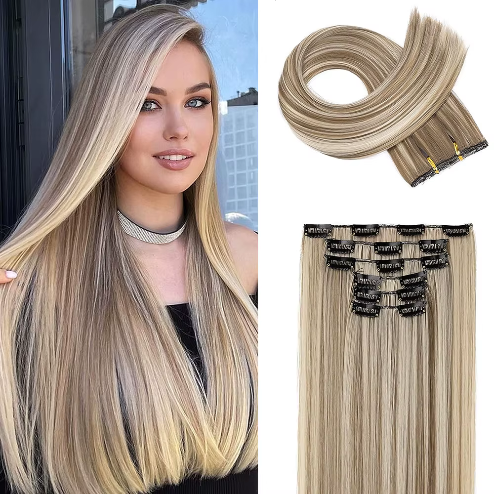 Extensions de cheveux synthétiques noirs 24 "/60cm 140g 6 pièces/ensemble femmes longue ligne droite pleine tête pince 16 Clips Ombre fibre résistante à la chaleur
