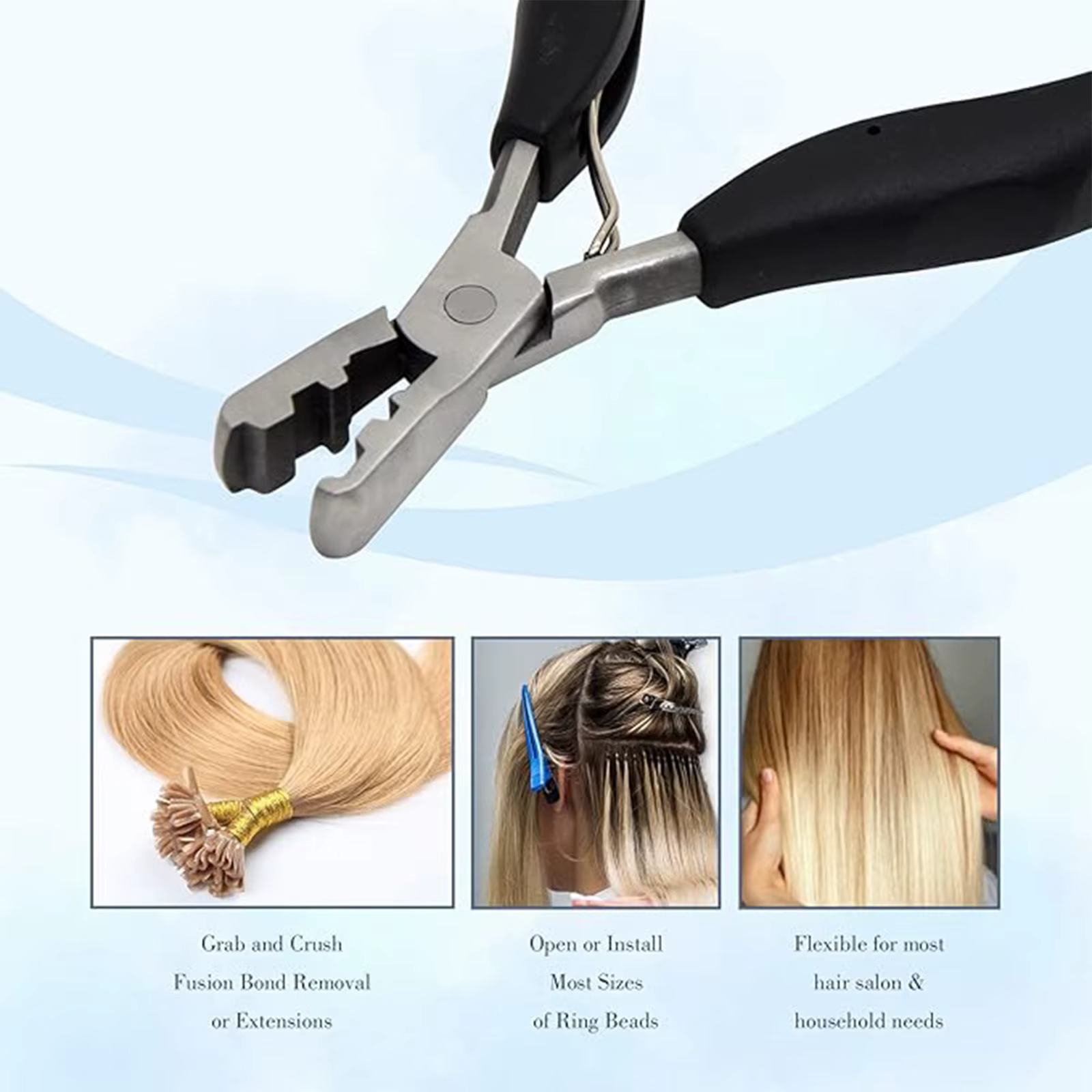Pince à extensions capillaires noire en acier inoxydable