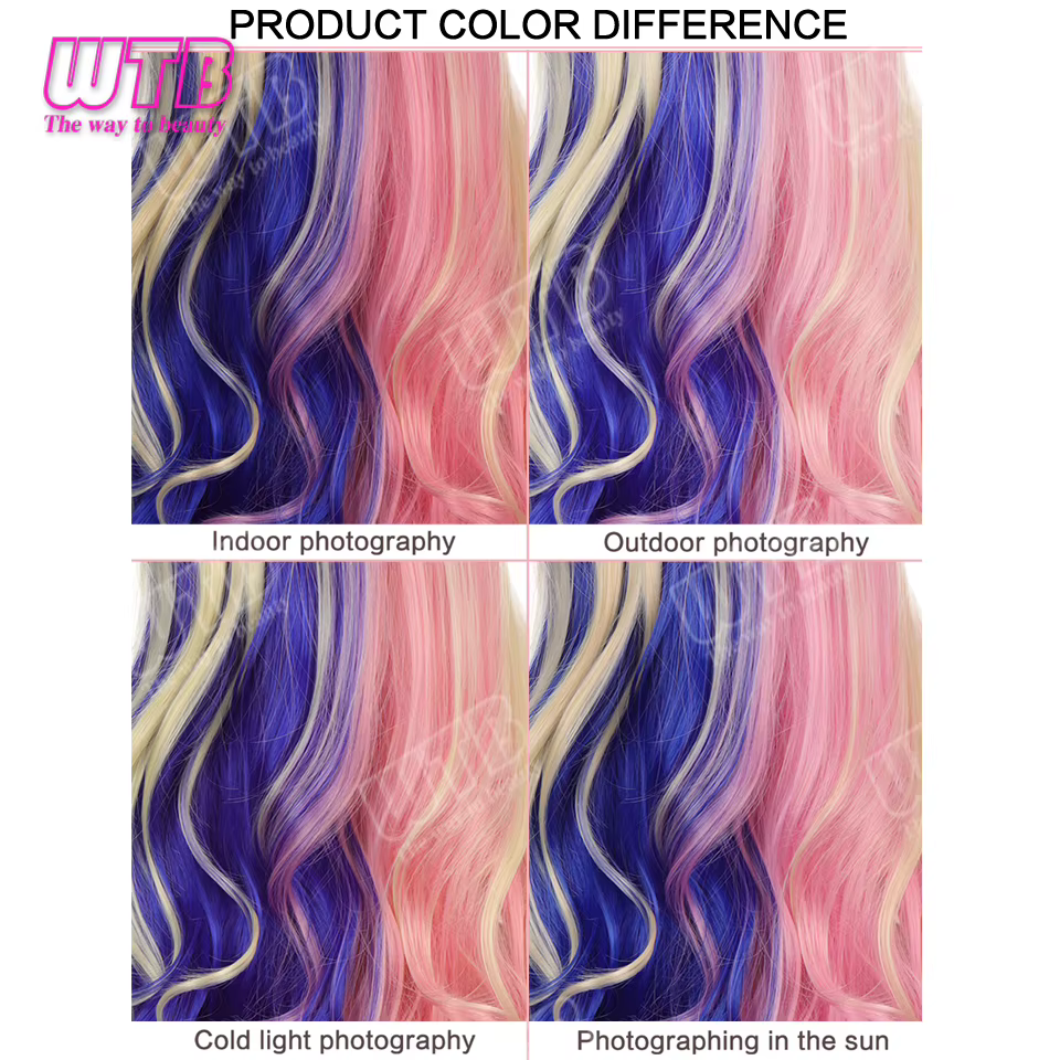 WTB Perruque synthétique rose et bleue à blocs de couleurs