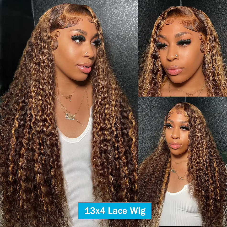 30 32 pouces mettre en évidence Ombre dentelle frontale perruque bouclés perruques de cheveux humains 4/27 couleur 13x4