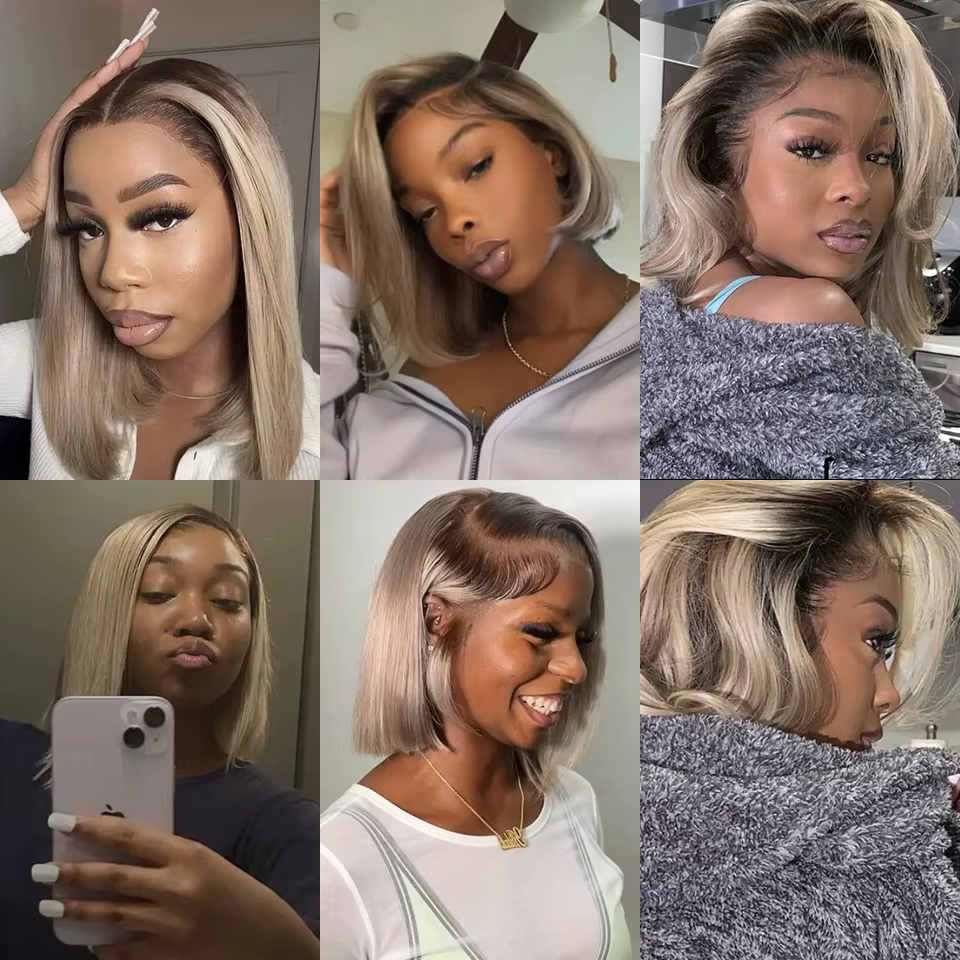 Perruques Bob Courtes en Cheveux Humains Couleur Blond Ombré avec Racines Brunes