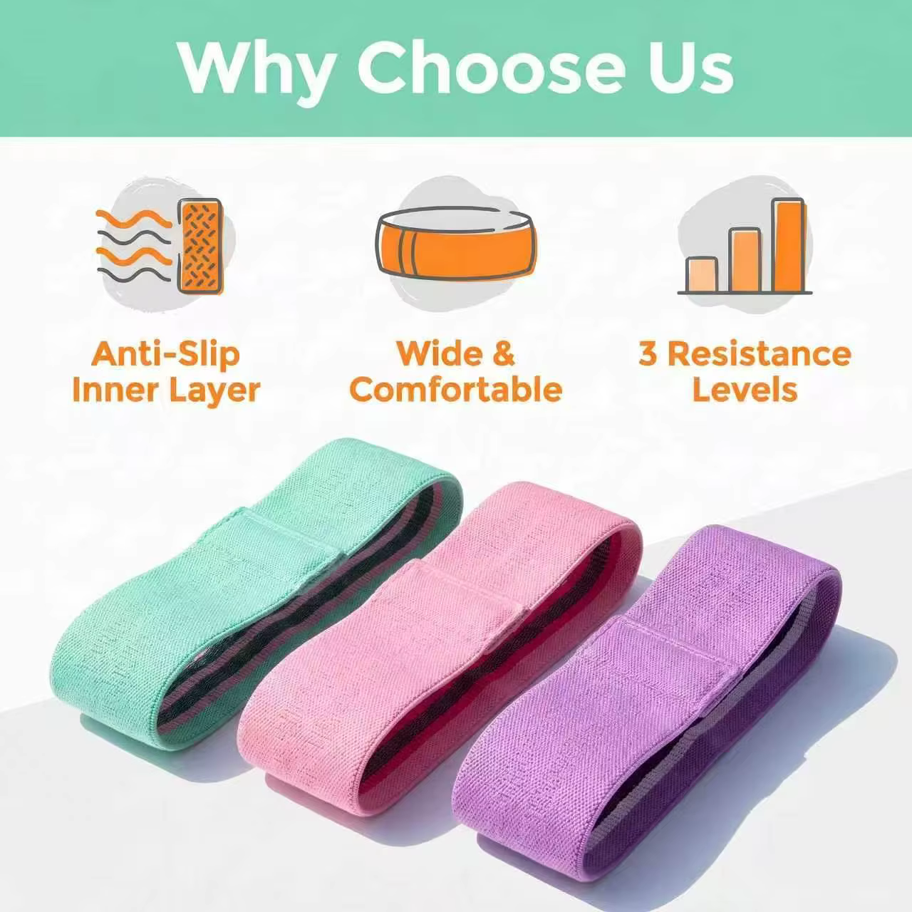 Bande de résistance 3 couleurs pour les fessiers – Accessoire de sport pour fitness, exercice, étirement, yoga, entraînement des hanches, squats, bandes circulaires, boucles, gym
