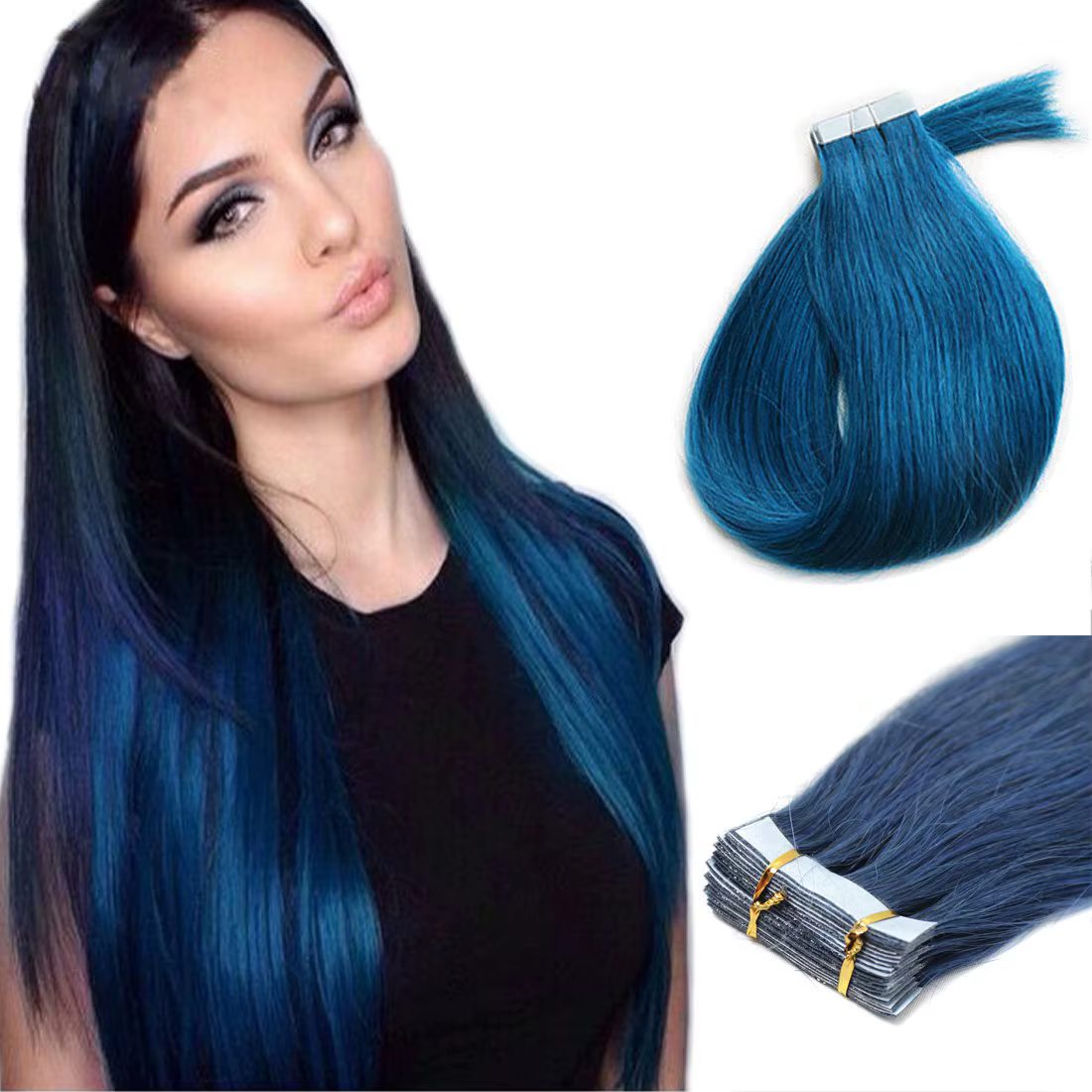 Extensions de cheveux 100% naturels lisses, bandes Double face de 12 à 26 pouces, trames faciles à installer pour cheveux fins, couleur bleue