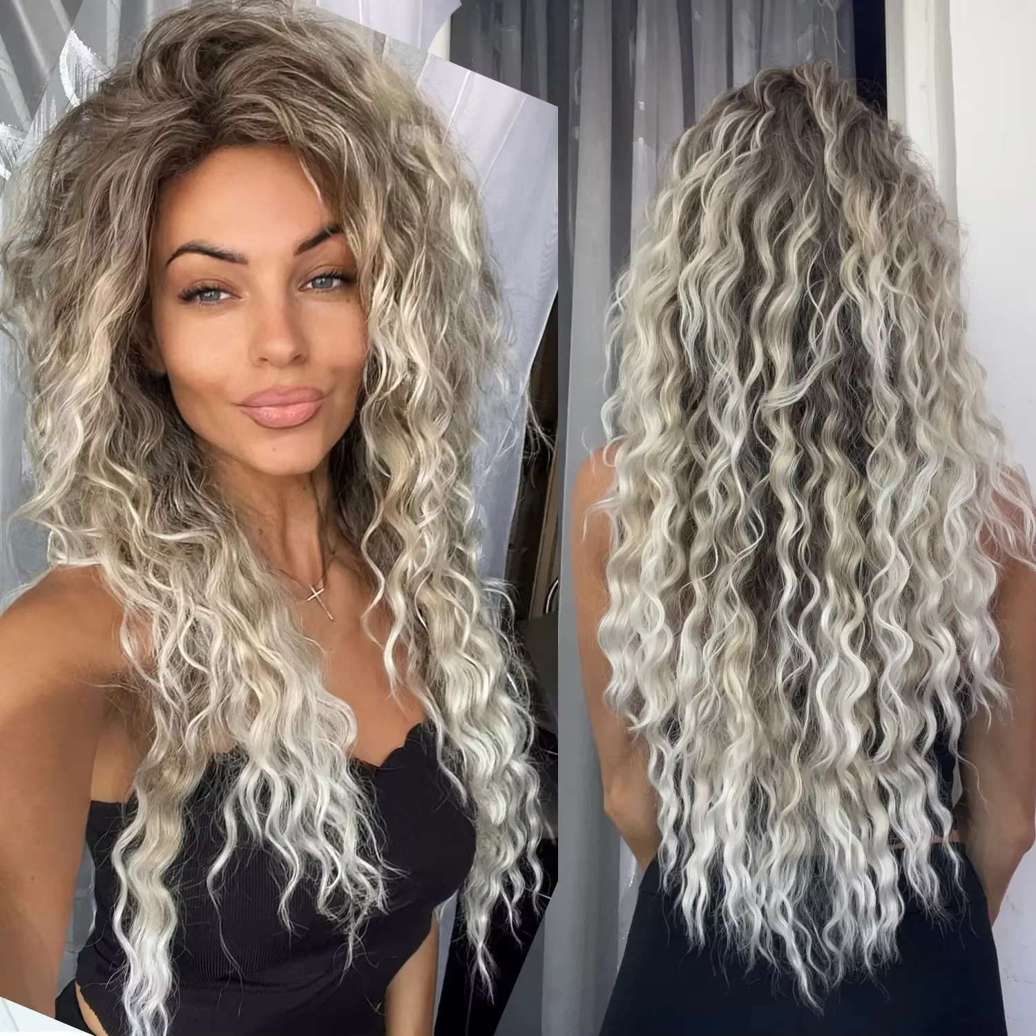 Perruque bouclée synthétique longue ondulée Ombré Blonde pour femmes