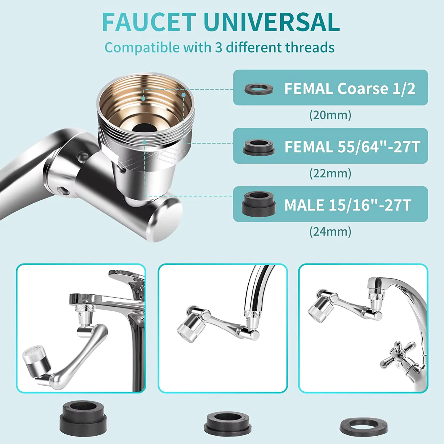 Prolongateur de robinet de cuisine en laiton avec filtre à eau, 4 modes réglables, anti-éclaboussures, 1440 °   Aérateur de robinet pivotant rotatif, rallonge de robinet