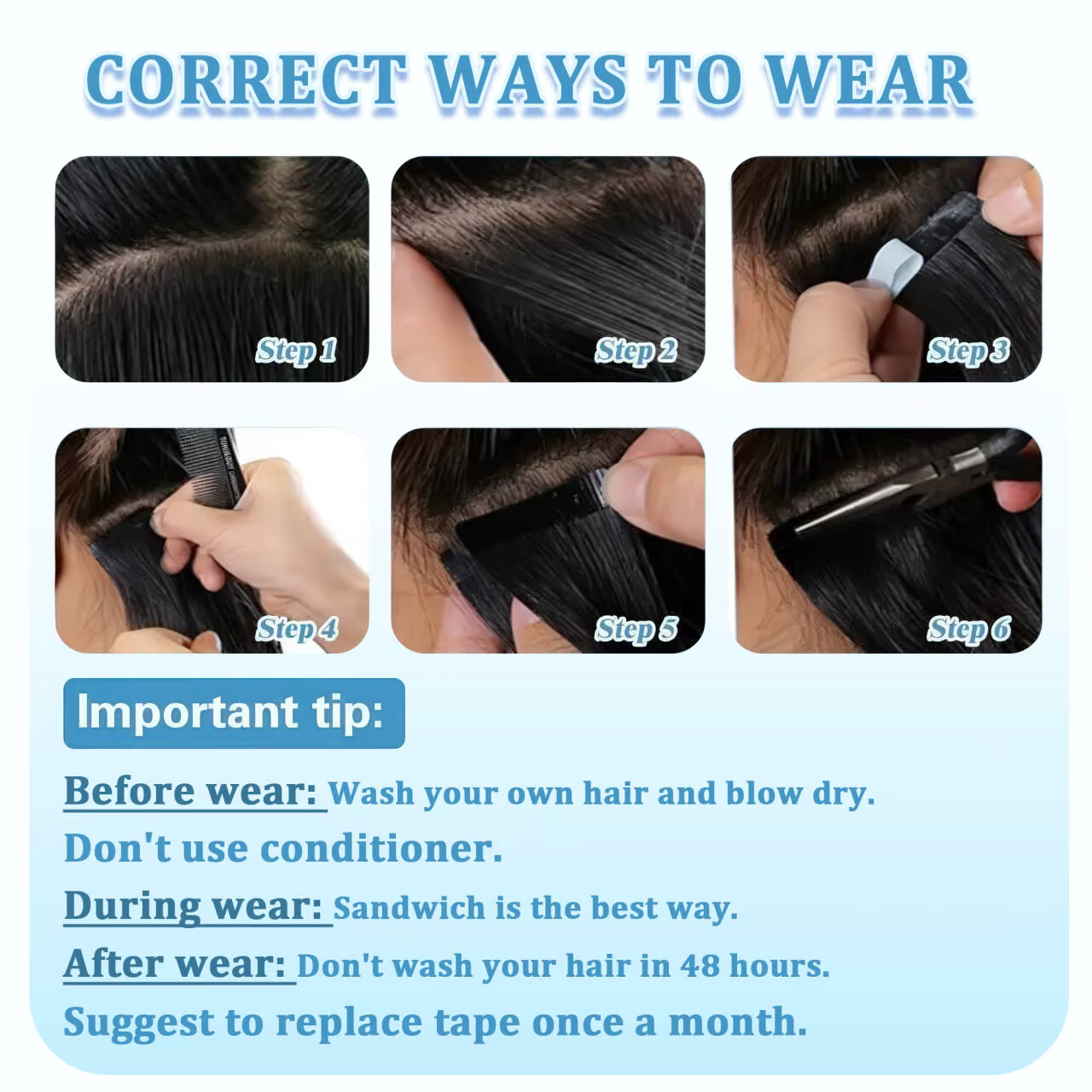 Extensions de cheveux humains lisses à bandes adhésives