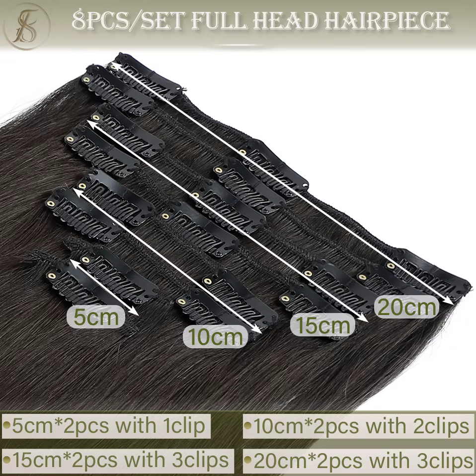 TESS-Extensions de Cheveux Naturels Lisses à réinitialisation, Postiche, Tête Complète, Surbrillance Fine, 50-80g, 8 Pièces/Ensemble