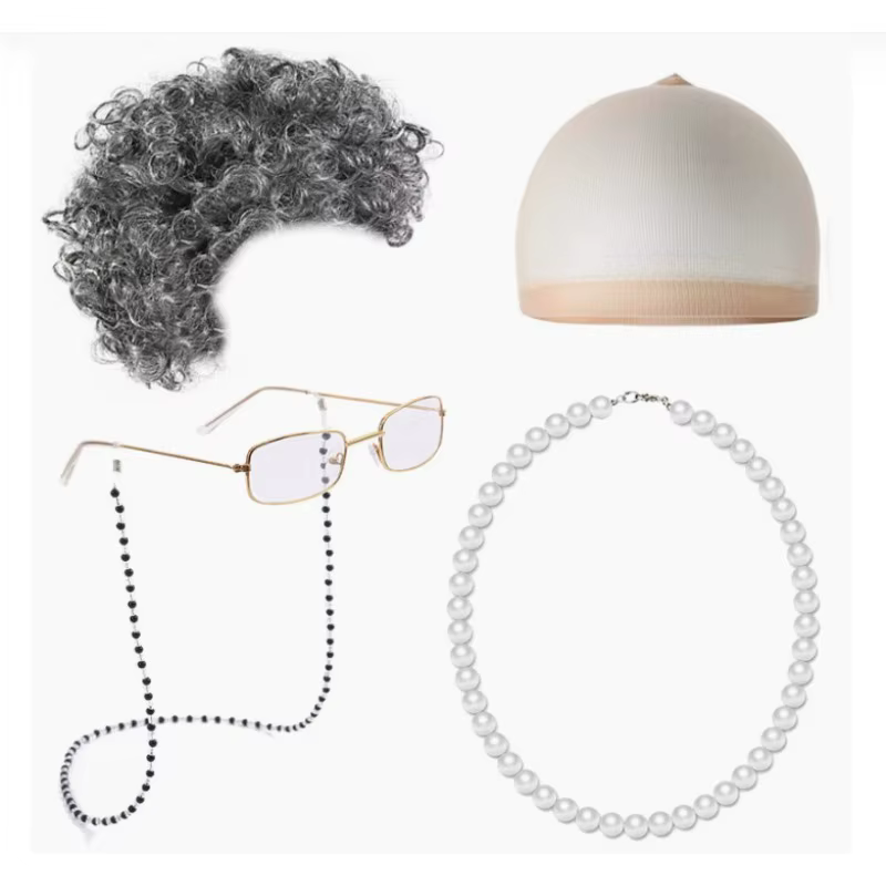 Ensemble de perruques pour déguisement de vieille dame : 5 pièces synthétiques pour cosplay de grand-mère (cheveux
