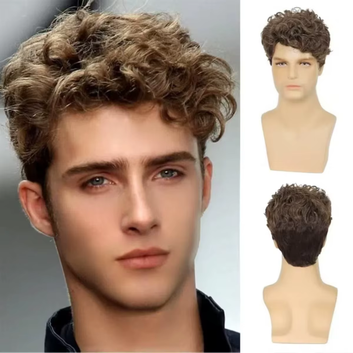 Perruque Courte Bouclée Synthétique Marron pour Hommes