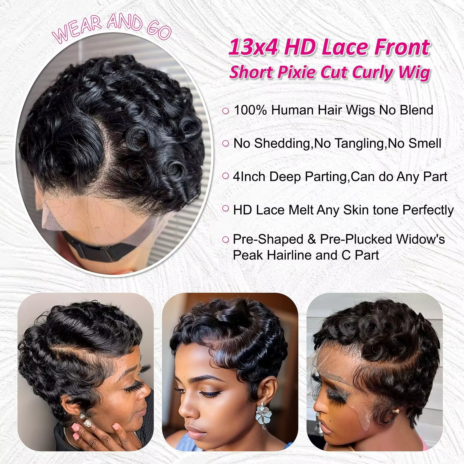 Perruque brésilienne Remy Deep Wave Pixie Cut 13x4 Lace Front