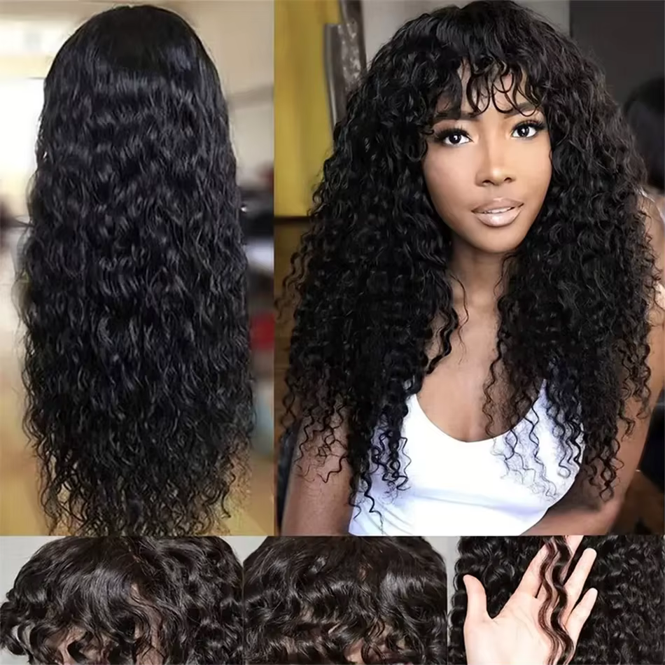 Perruque brésilienne bouclée en cheveux humains avec frange