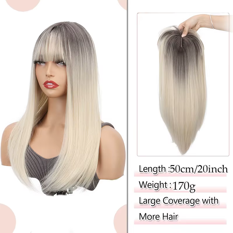 Extensions de cheveux synthétiques à clips avec frange : postiche longue et droite haute température