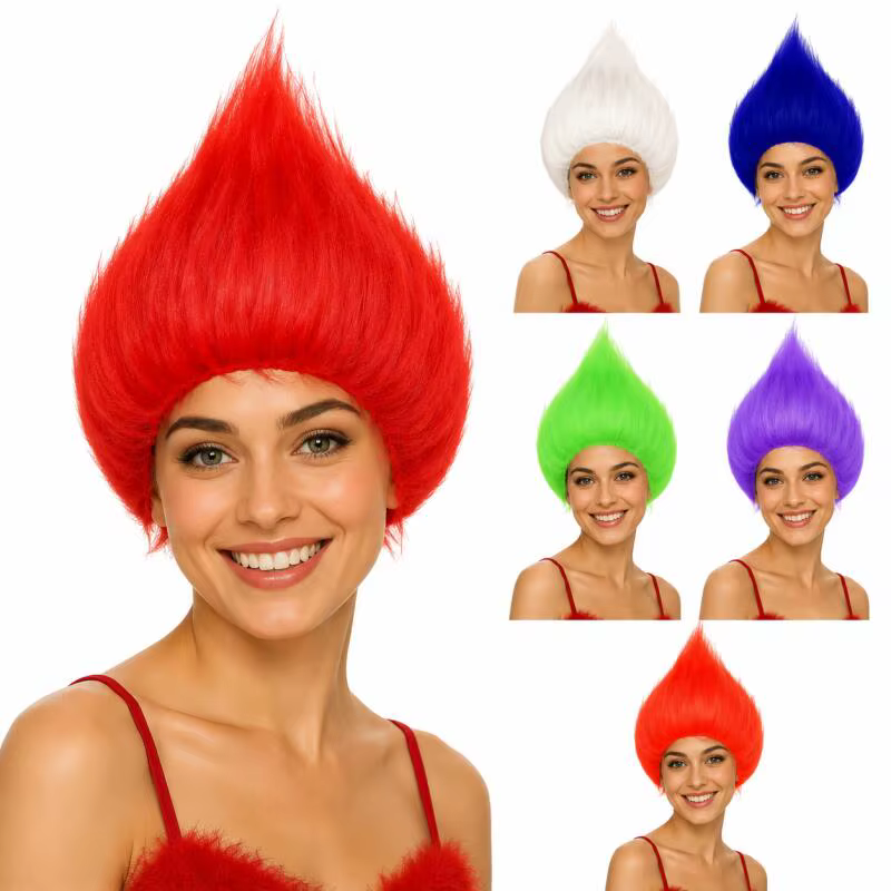 Perruque de troll synthétique colorée et moelleuse à pointes