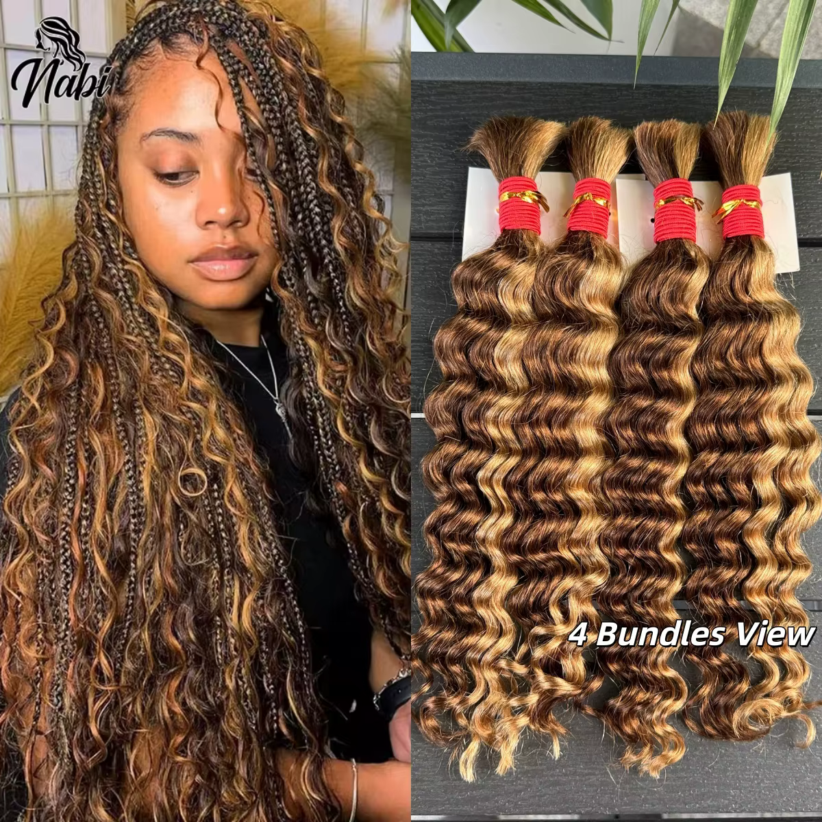 NABI Highlight Honey Blonde Deep Wave Hair Bundles sans trame pour tresses bohèmes – Extensions de cheveux naturels pour tressage bohème