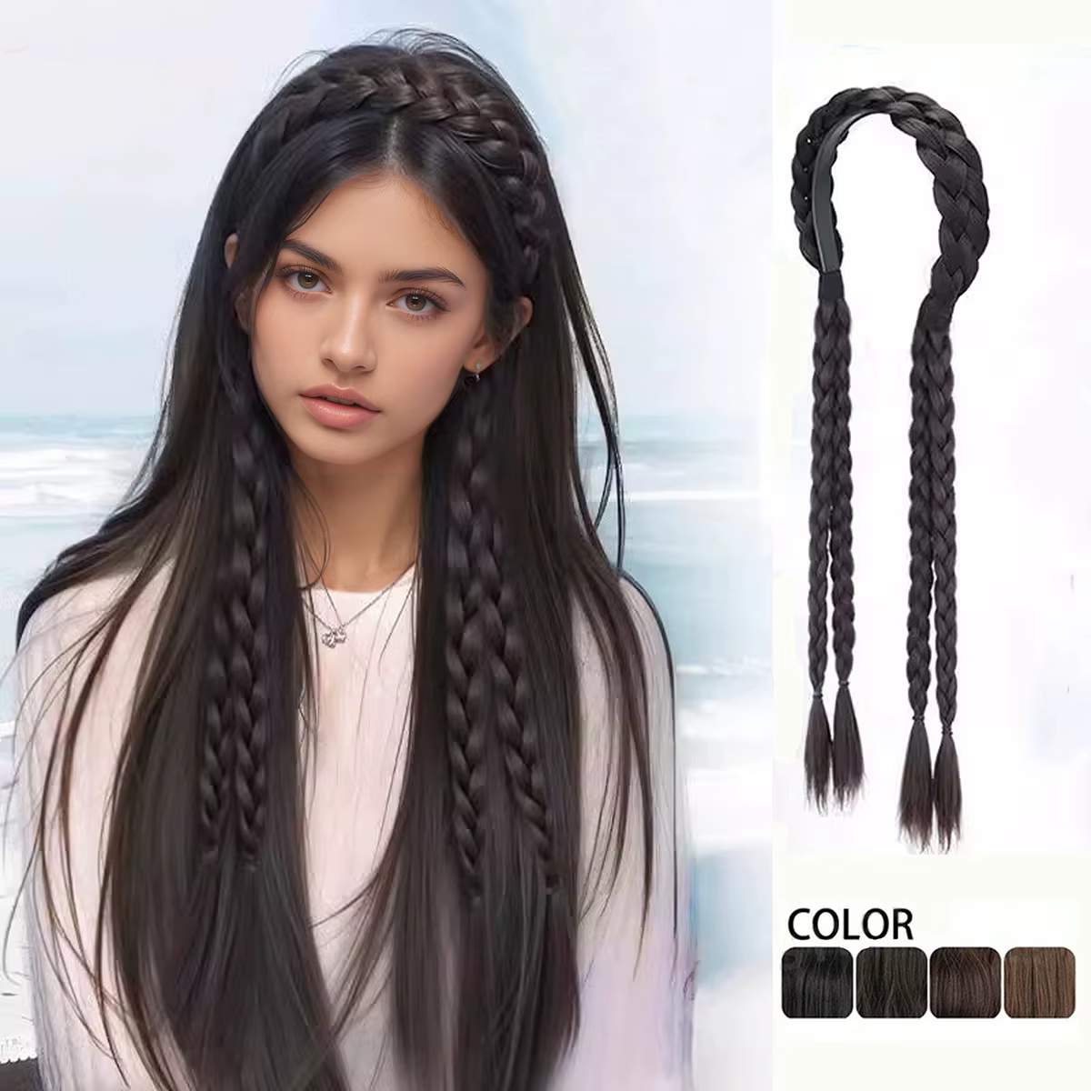 Queue de cheval tressée synthétique à double tresses, avec boucle élastique pour chignon, facile à porter et réglable