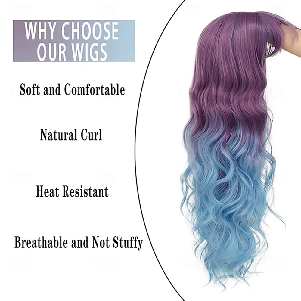 Perruque de carnaval de cheveux synthétiques bleu violet ombré bouclés ondulés longue