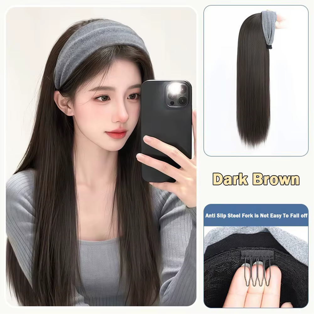 Nouveau Long ondulé bouclés bandeau Extension de cheveux postiches naturelles synthétiques en forme de U demi-tête couverture pour les femmes