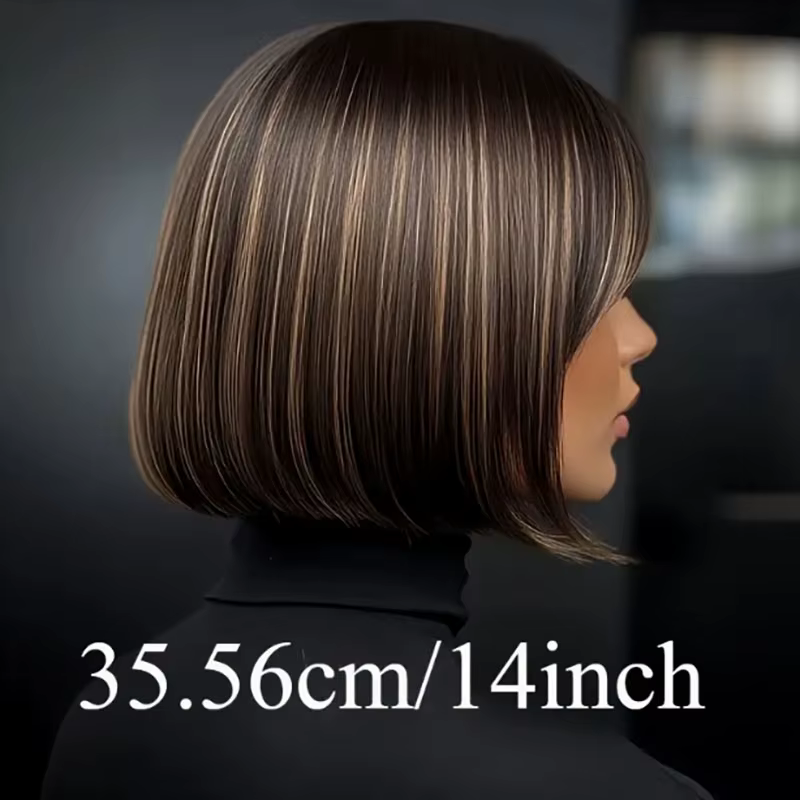 Perruque courte coupe Bob marron mélangée à reflets avec frange droite (fibre synthétique) – Parfaite pour un usage