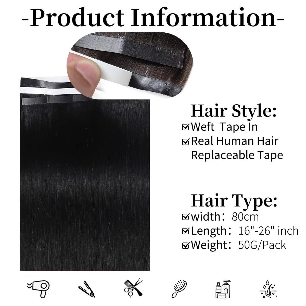 Extensions de cheveux à bandes adhésives 100% cheveux humains Remy lisses 50g une pièce 80cm de large pour une qualité professionnelle en salon