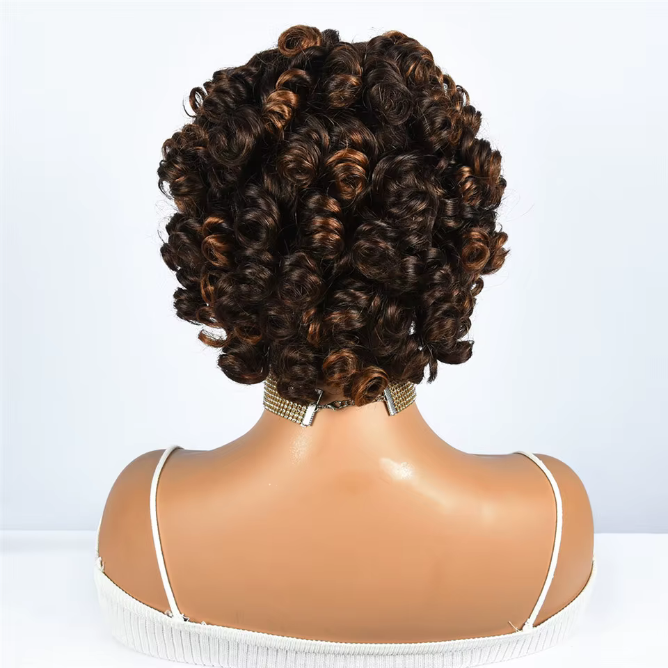 Hairugo-Perruque de Cheveux Humains Bouclés Coupe Pixie à Reflets