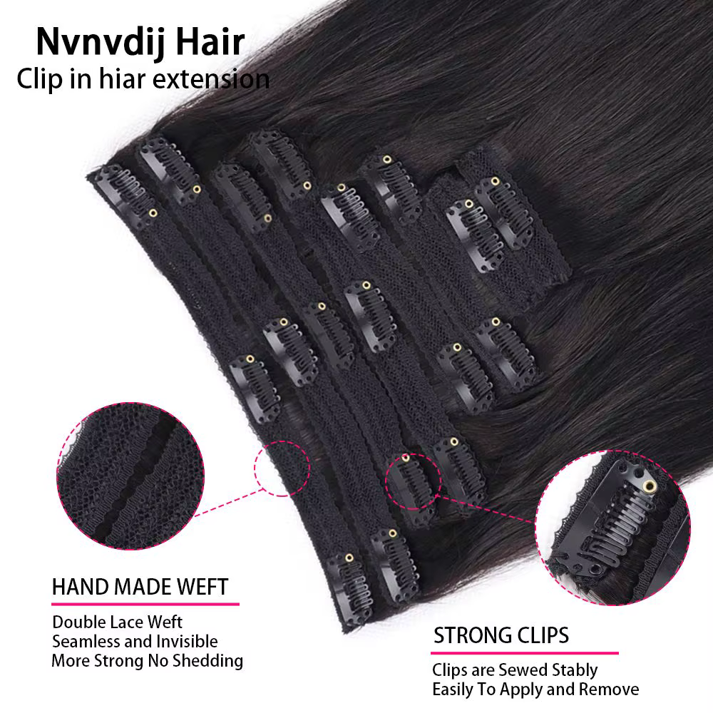 Extensions de cheveux naturels à clipser, 120g, lot de 8 pièces, cheveux vierges 100% humains, noir naturel