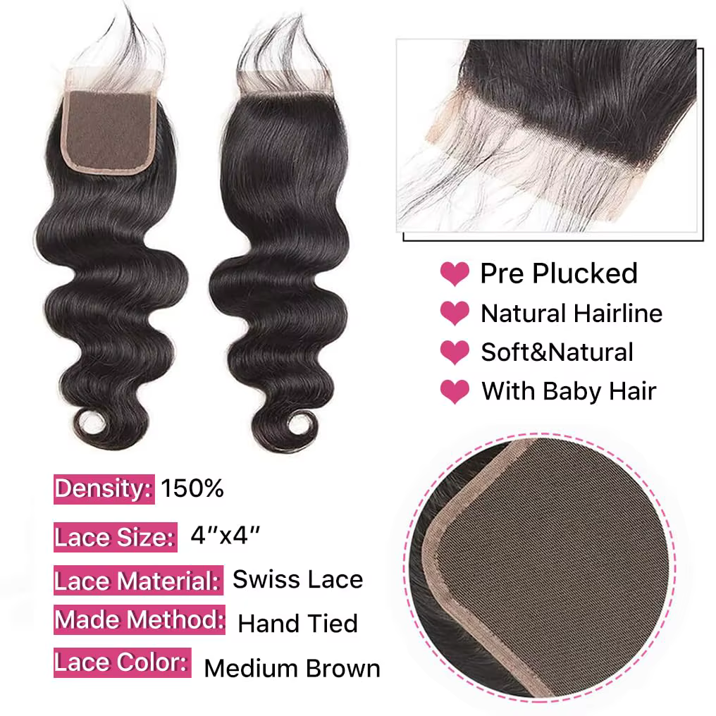 Extensions de cheveux naturels brésiliens vierges Body Wave avec closure 4x4