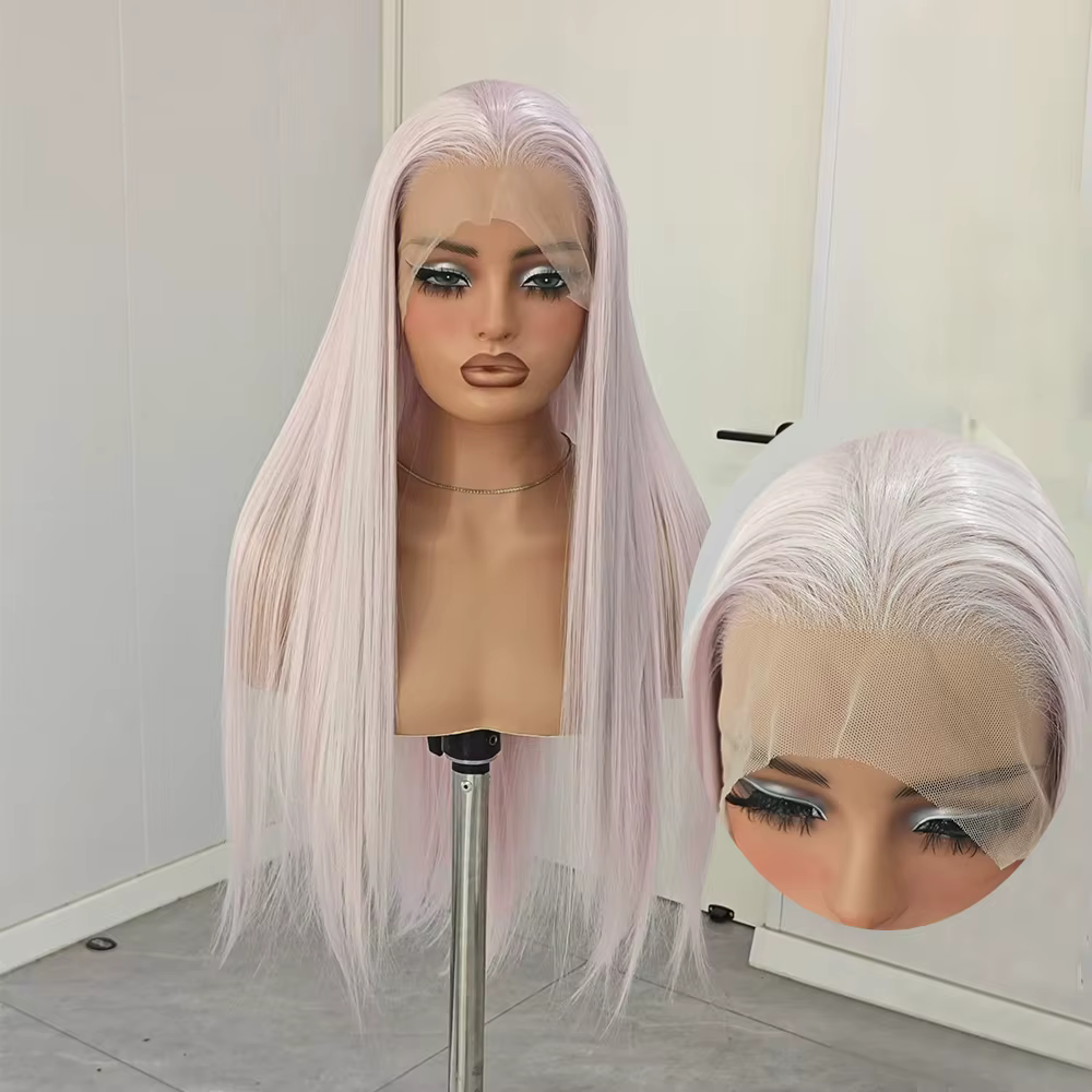 Perruque synthétique droite gris rose pour femme