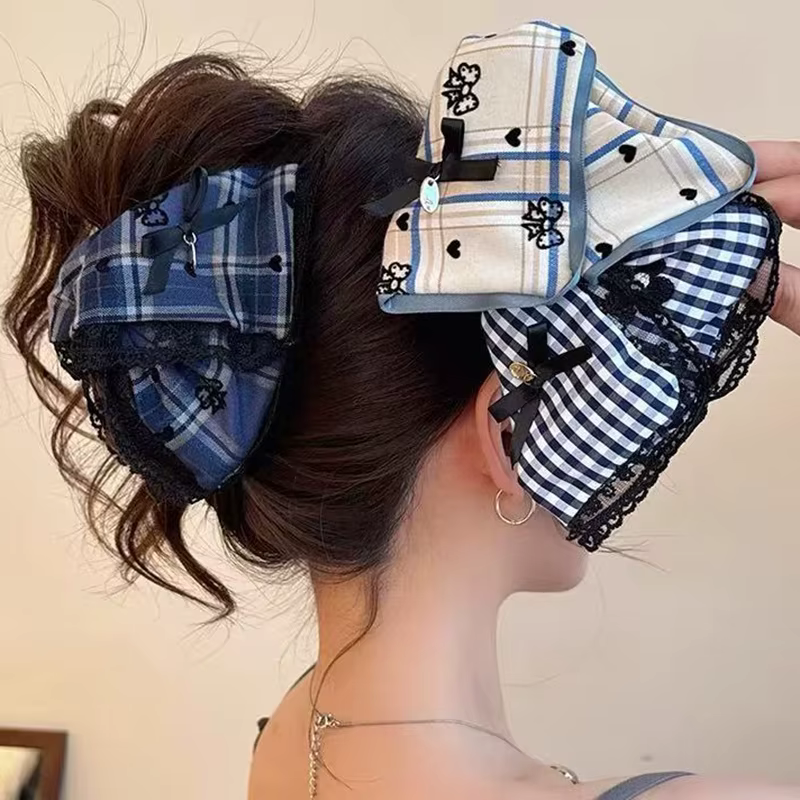 Pince à cheveux avec nœud à carreaux pour femmes