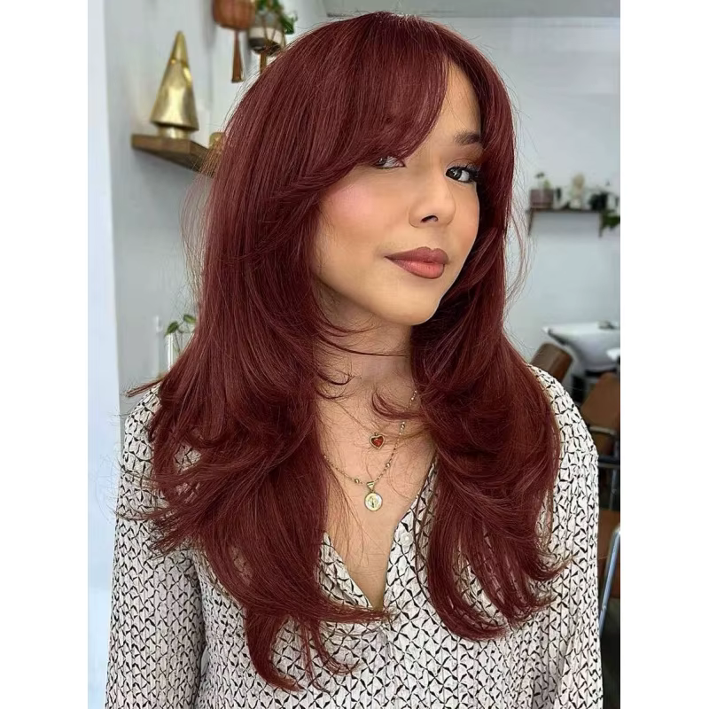 24" Wine Red Long Layered Synthetic Wig With Curtain Bangs