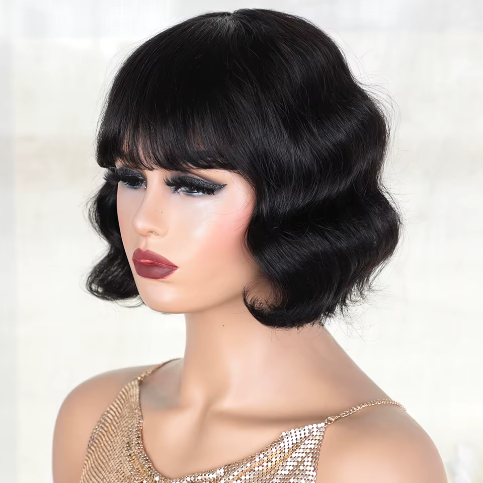 Perruques de cheveux humains Pixie Bob Cut avec frange pour femme